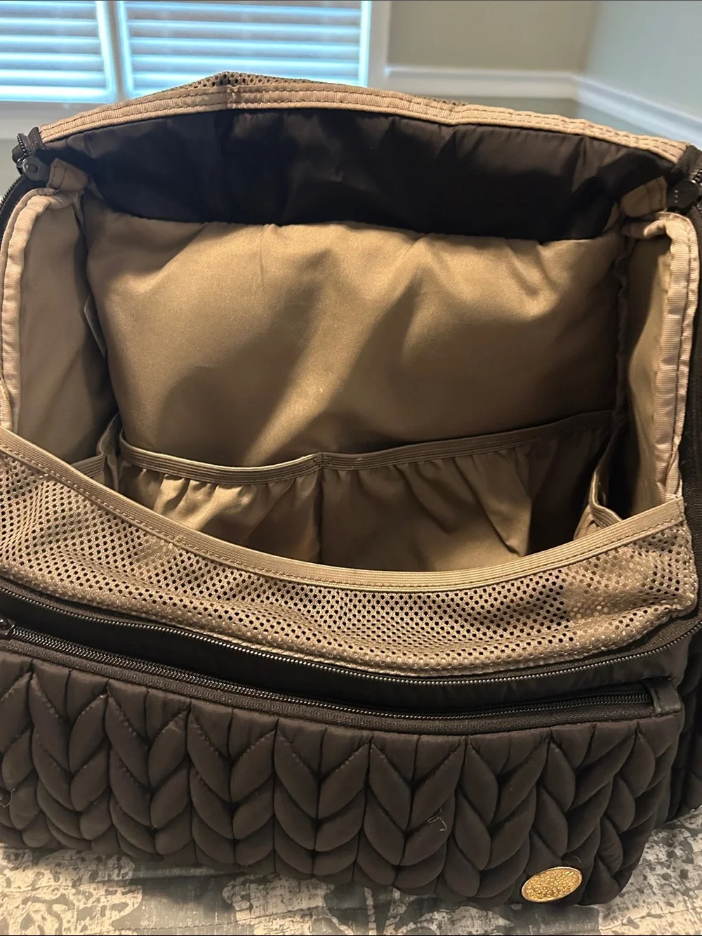 Happy Black Quilted Backpack Diaper Bag with Gold Accent